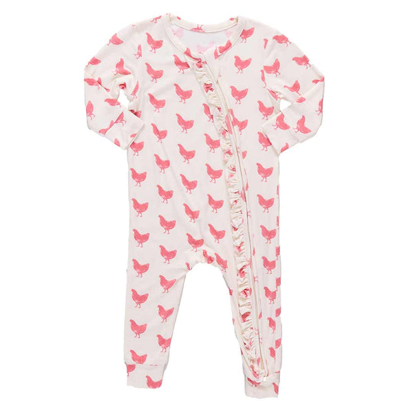 Baby Girls Ruffle Bamboo Romper- Pink Chickens