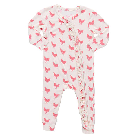 Baby Girls Ruffle Bamboo Romper- Pink Chickens