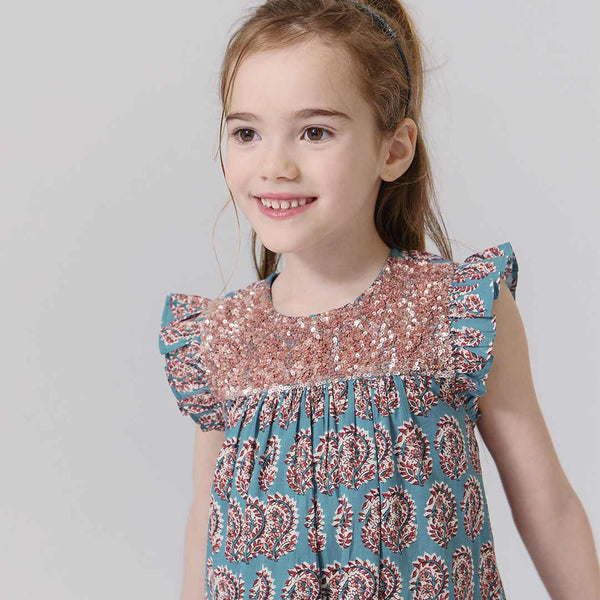 Girls Fiona Ruffle Dress- Blue Paisley