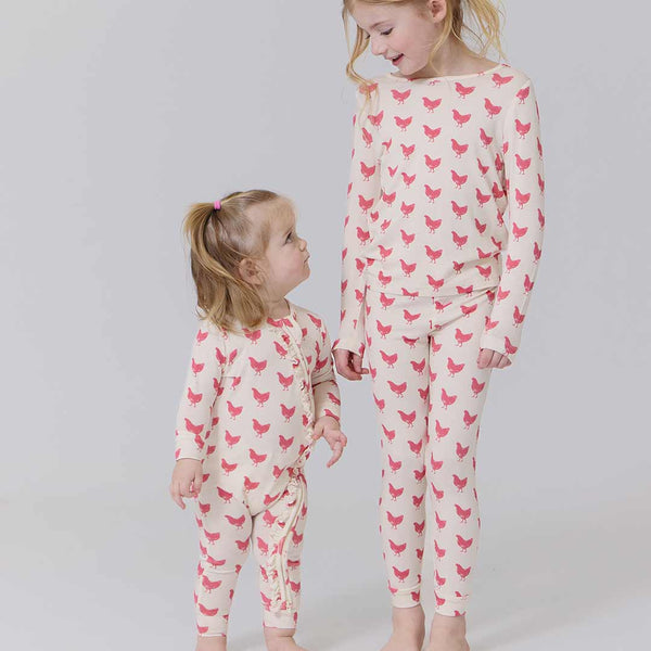Baby Girls Ruffle Bamboo Romper- Pink Chickens