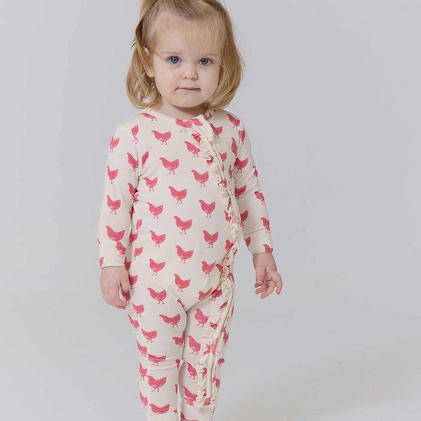 Baby Girls Ruffle Bamboo Romper- Pink Chickens