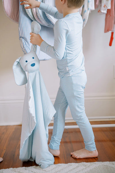 Dusty Bluev Mini-Stripe Dog Lovey + Paci clip holder