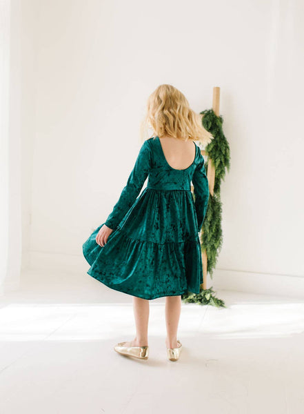 Gwendolyn Ruffle Dress in Crushed Green Velvet