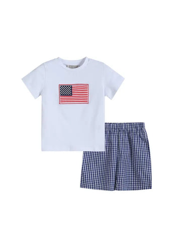 Blue Gingham USA Flag T-Shirt and Shorts Set