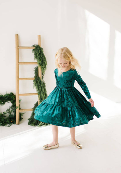 Gwendolyn Ruffle Dress in Crushed Green Velvet