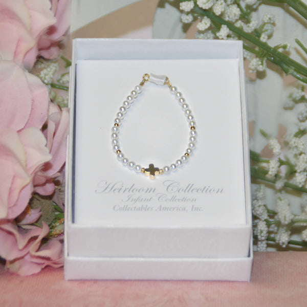 Infant dainty cross Pearl Bracelet 4.5"
