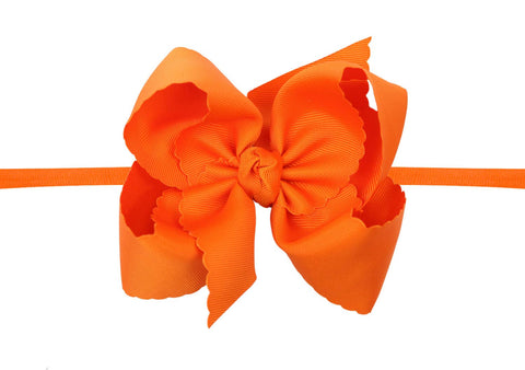 1/4" NYLON PANTYHOSE HEADBAND W/ SCALLOPED EDGE BOW: Orange / 5.5" Huge