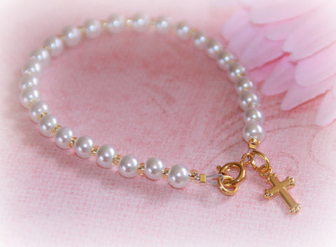Infant Pearl Bracelet with Gold Cross (Clasp)