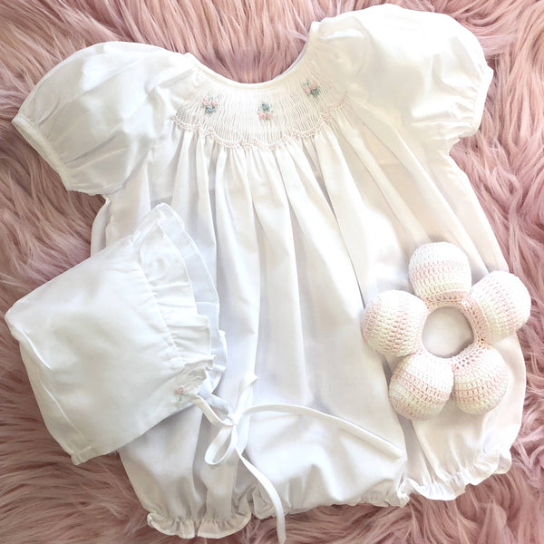 White Bubble and Bonnet with Novelty Smocking-