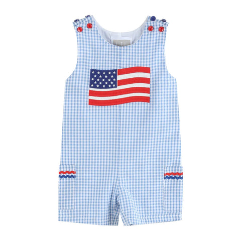 Blue Gingham American Flag Pocket Shortalls