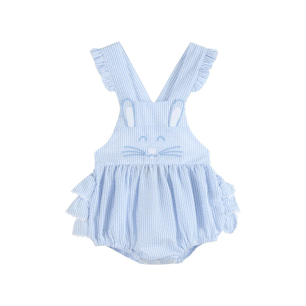 Blue Seersucker Bunny Face Ruffle Romper