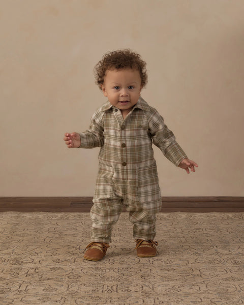 Collared Baby Jumpsuit Olive Dobby Plaid