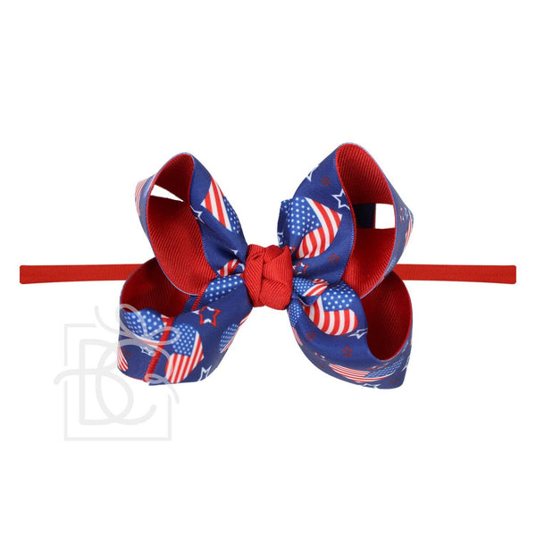 1/4" PANTYHOSE HEADBAND W/ LAYERED PATRIOTIC HEART PRINT BOW