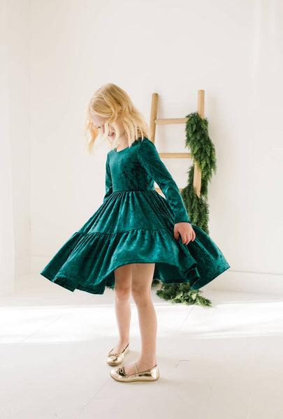 Gwendolyn Ruffle Dress in Crushed Green Velvet