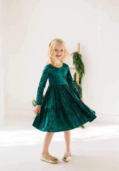 Gwendolyn Ruffle Dress in Crushed Green Velvet