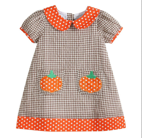 Brown Gingham and Orange Pumpkin A-Line Dress