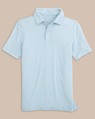 Kids Ryder Heather Halls Stripe Performance Polo- Heathered Clearwater Blue