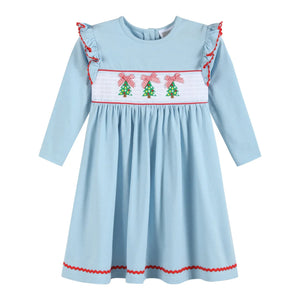 Light Blue Christmas Tree Smocked Knit Dress