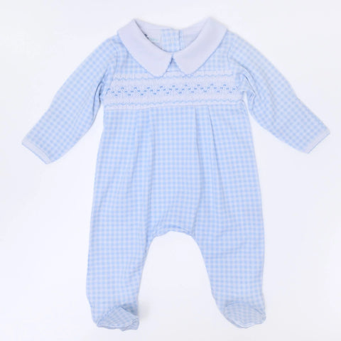 Mini Checks Smocked Collared Boy Footie - Light Blue