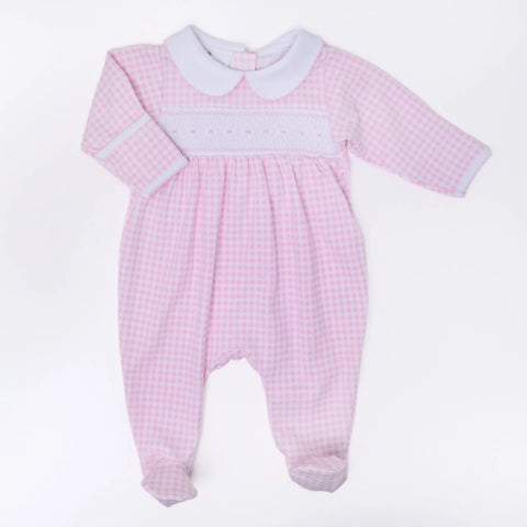 Mini Checks Smocked Collared Girl Footie - Pink