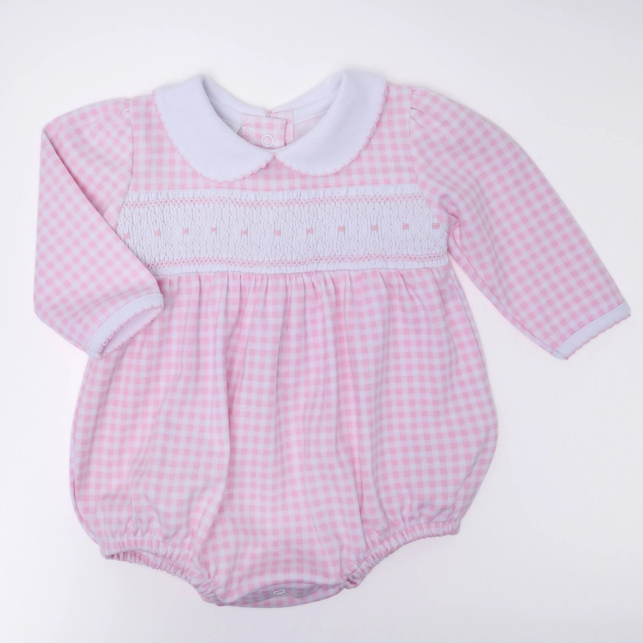 Mini Checks Smocked Long Sleeve Bubble - Pink