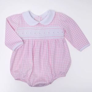 Mini Checks Smocked Long Sleeve Bubble - Pink
