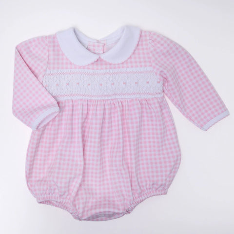 Mini Checks Smocked Long Sleeve Bubble - Pink