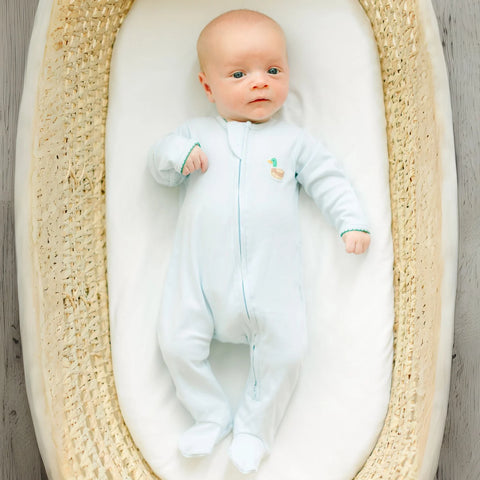 Mini Mallard Embroidered Zipper Footie- Light Blue