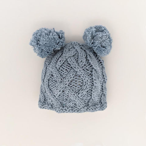 Newborn Aran Chambray Double Pom Pom Beanie Hat Infant