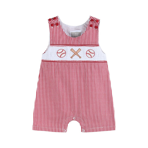 Red Gingham Baseball Smocked Shortalls (FINAL SALE)
