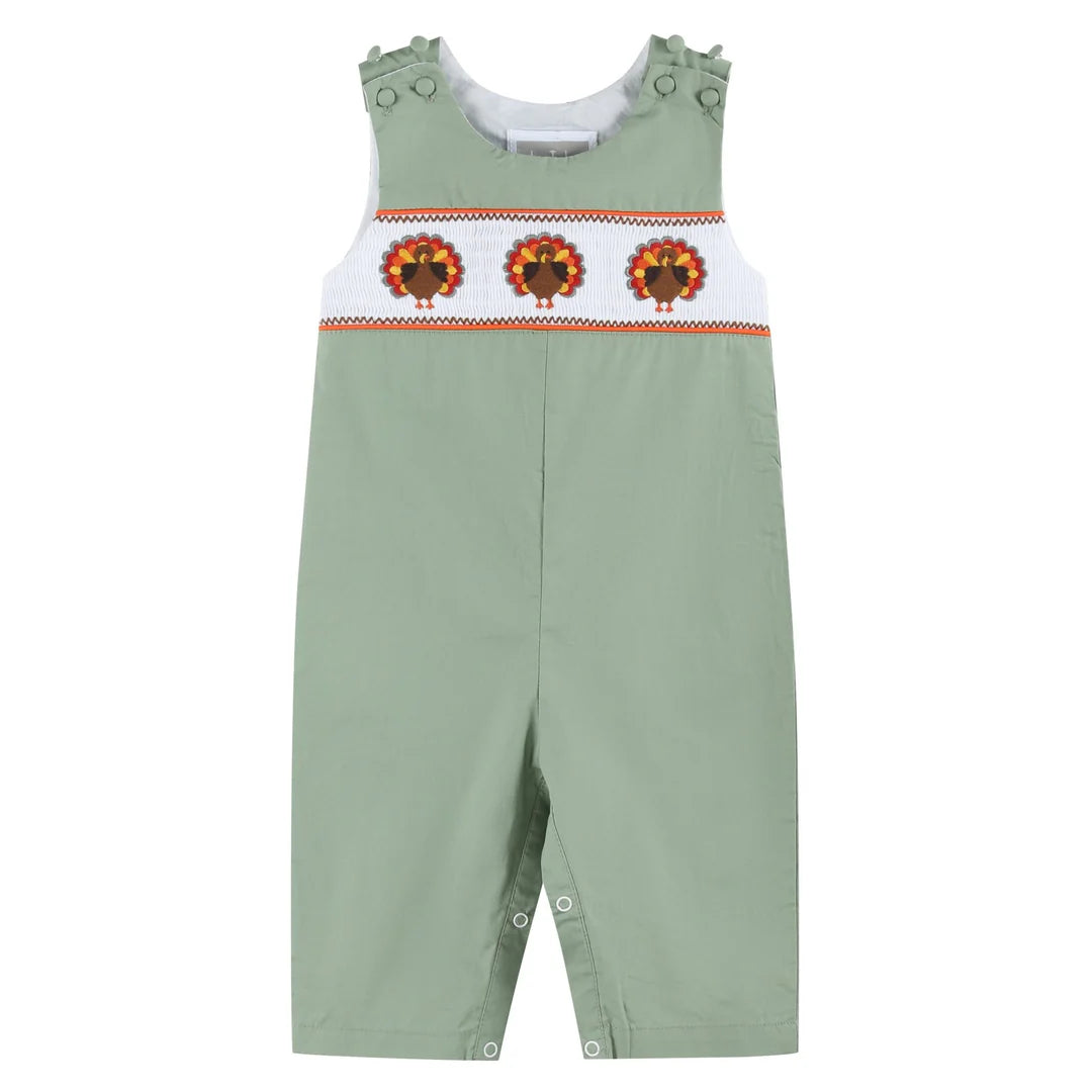 Sage Green Turkey Smocked Overalls