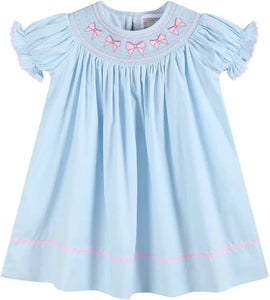 Blue and Pink Bow Smocked Bishop Dress