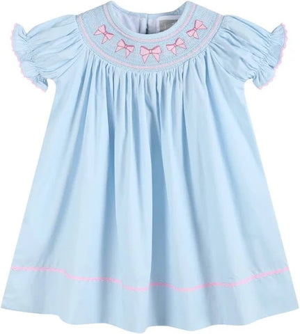 Blue and Pink Bow Smocked Bishop Dress