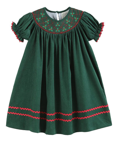 Green Christmas Mistletoe Smocked Bishop Dress