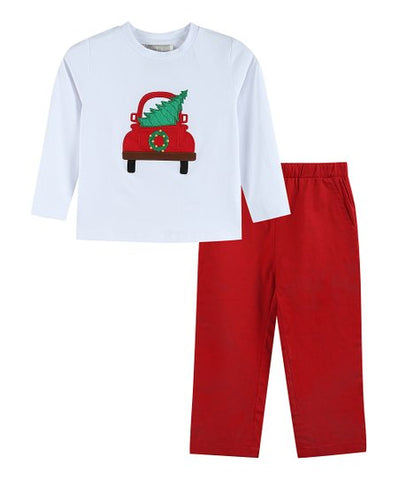 White Christmas Tree Truck Shirt and Red Pants Set
