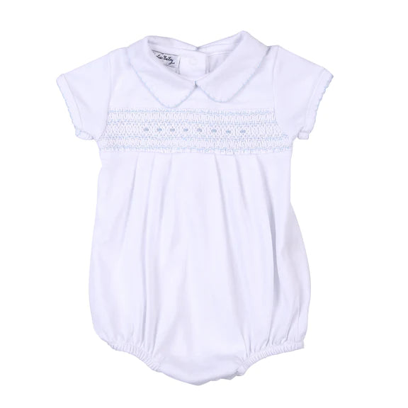 Taylor And Tyler Blue Smocked Collared Short Sleeve Boy Bubble