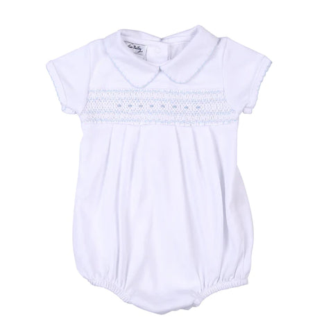 Taylor And Tyler Blue Smocked Collared Short Sleeve Boy Bubble
