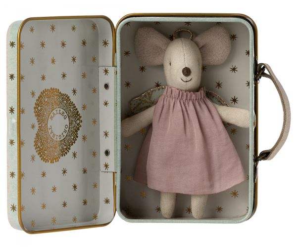 Guardian Angel mouse in suitcase