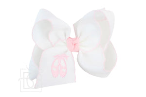 White bow with Pink Crochet Edge- Embroidered Ballet Shoes