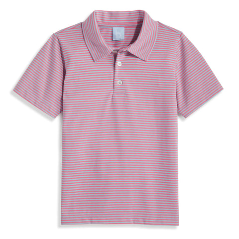 Striped Jersey Polo- Blue/Coral Thin Stripe (FINAL SALE)
