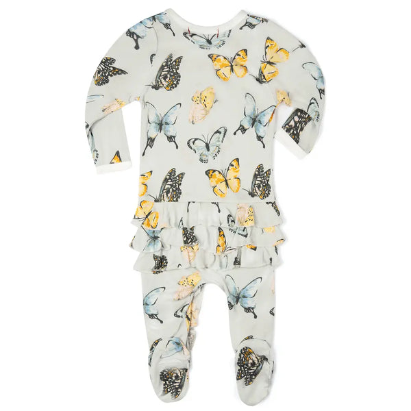 Butterfly Bamboo Ruffle Zipper Footed Romper