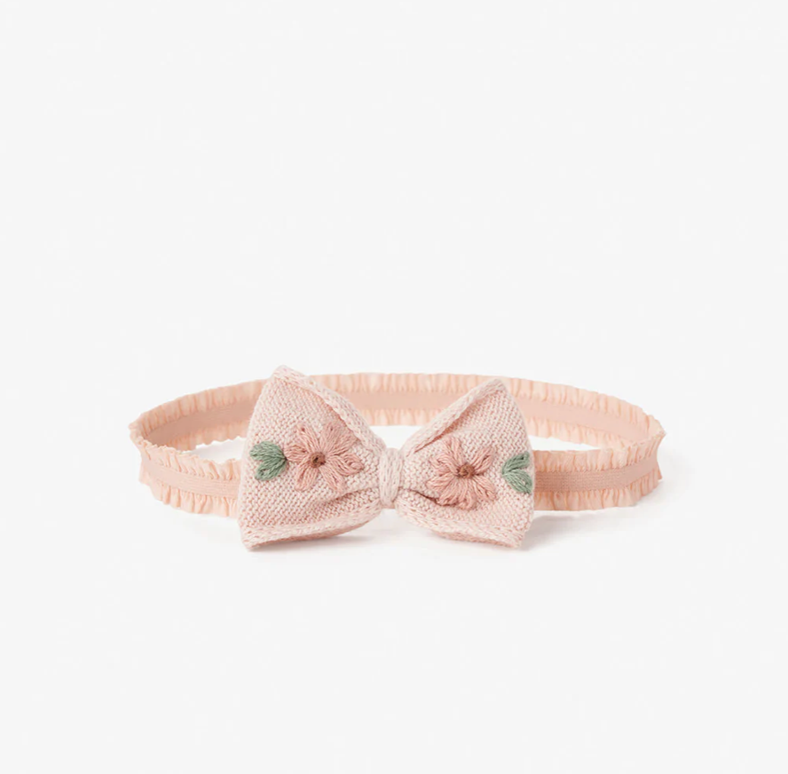 PINK EMBROIDERED BOW HEADBAND