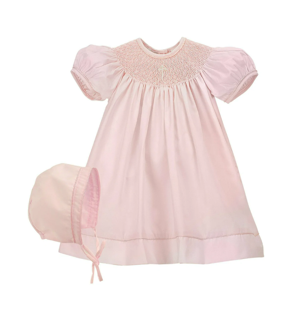 Baby Girl Pink Christening Bishop Dress with Bonnet
