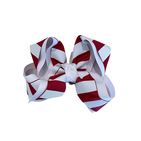 White and Cranberry Striped Layered Grosgrain XL Bow on Alligator Clip
