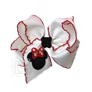 White bow with Red Crochet Edge- Embroidered Mouse